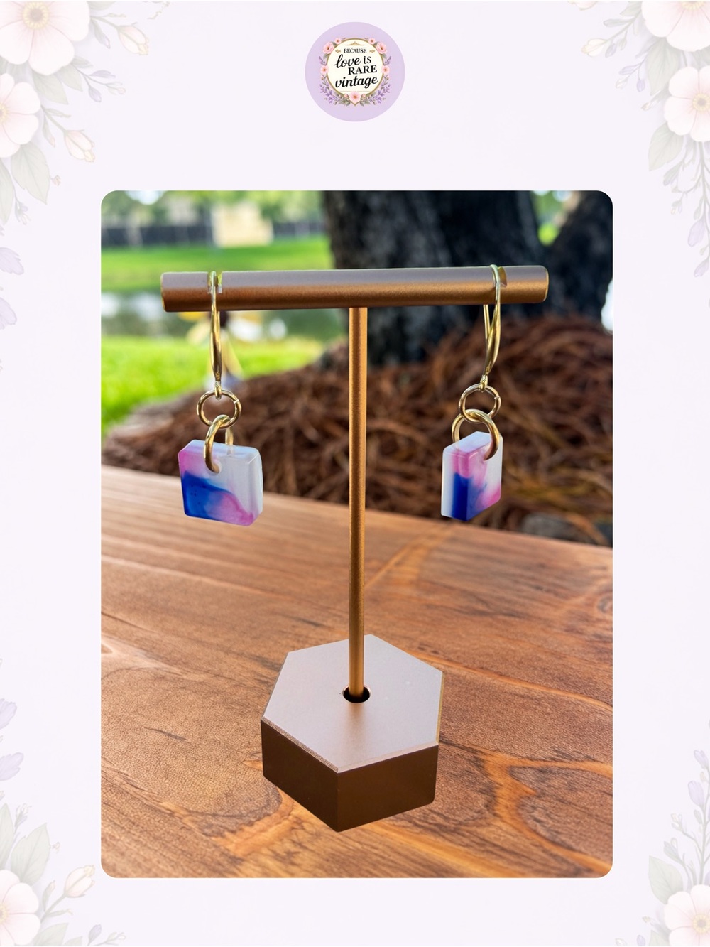 Square Resin Marbled Earrings • Pink Blue White • Retro Style